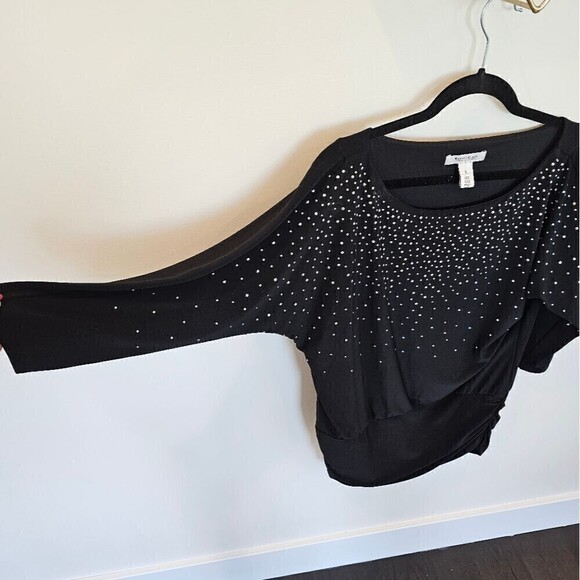 White House Black Market Silver Studded 3/4 Sleeve Dolman Sleeve Black Knit Top - Picture 5 of 11